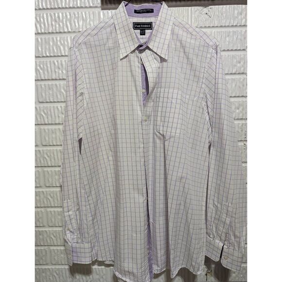 Paul Fredrick Men's White & Lavender Window Pane Print Button-Down Shirt Size 16 - Picture 1 of 5